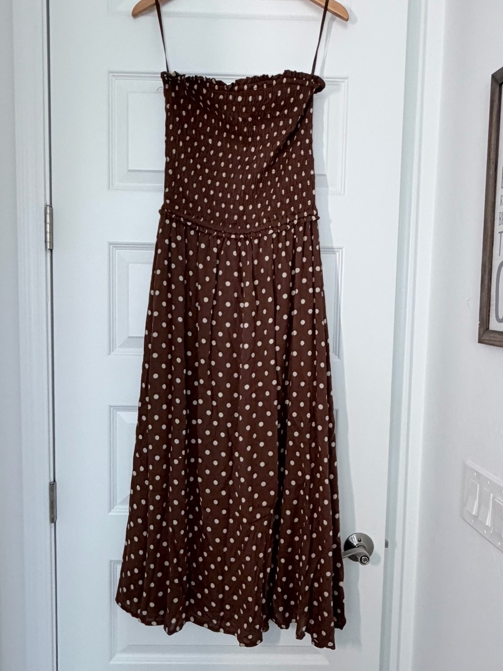 Brown Polka Dot Strapless Maxi with Smocked Bodice